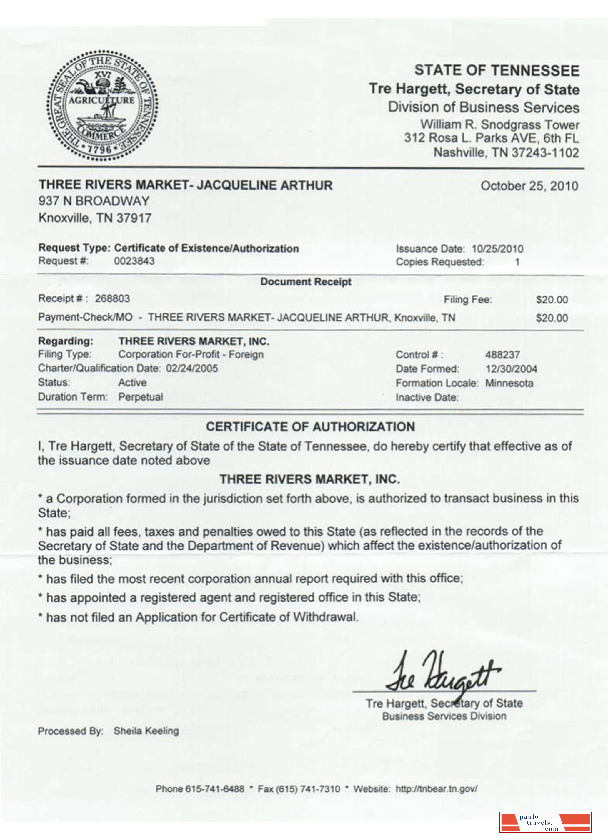 USA Tennessee certificate of good standing